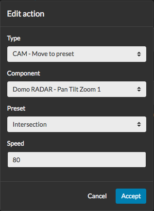 Action editor to move a camera to a preset