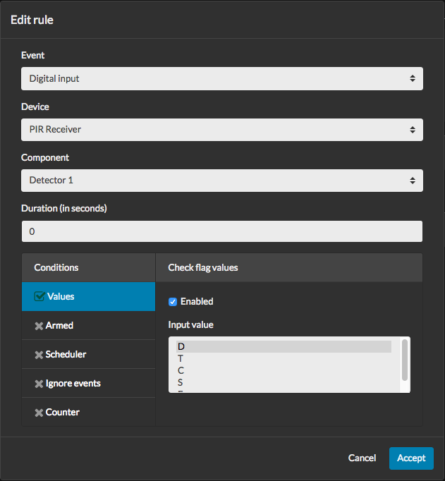 Rule editor showing how to react to the activation of a specific PIR sensor